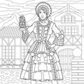 Vintage lady with lantern adult coloring book page Royalty Free Stock Photo